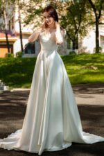 Pearlescent Satin Bridal Gown with Beaded Lace Neckline