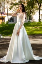 Pearlescent Satin Bridal Gown with Beaded Lace Neckline