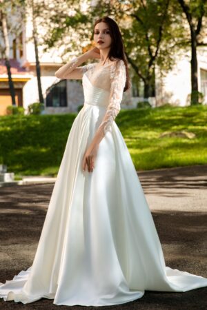 Pearlescent Satin Bridal Gown with Beaded Lace Neckline