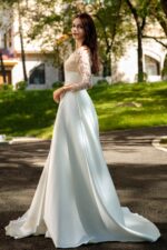 Pearlescent Satin Bridal Gown with Beaded Lace Neckline