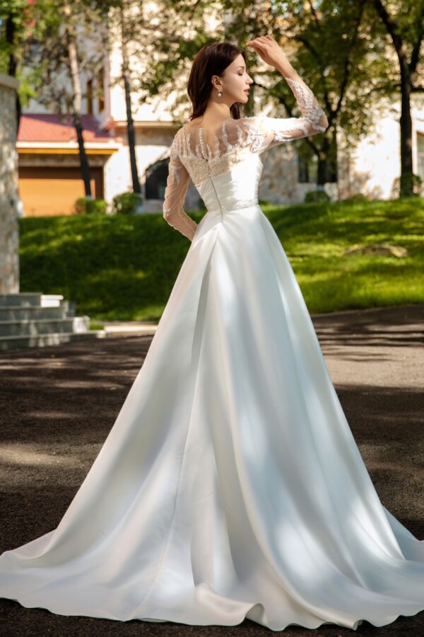 Pearlescent Satin Bridal Gown with Beaded Lace Neckline