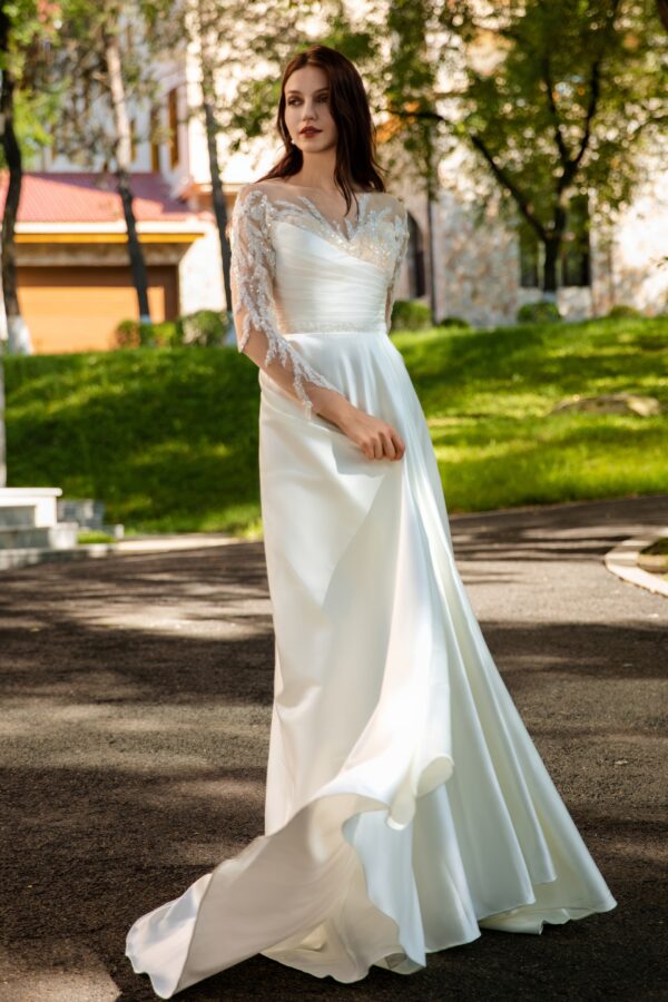 Pearlescent Satin Bridal Gown with Beaded Lace Neckline