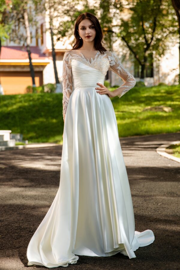 Pearlescent Satin Bridal Gown with Beaded Lace Neckline