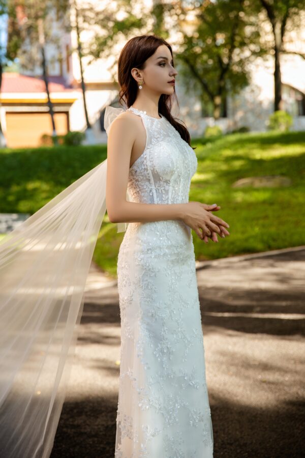 3D Lace Wedding Gown with Detachable Halter Bow Train