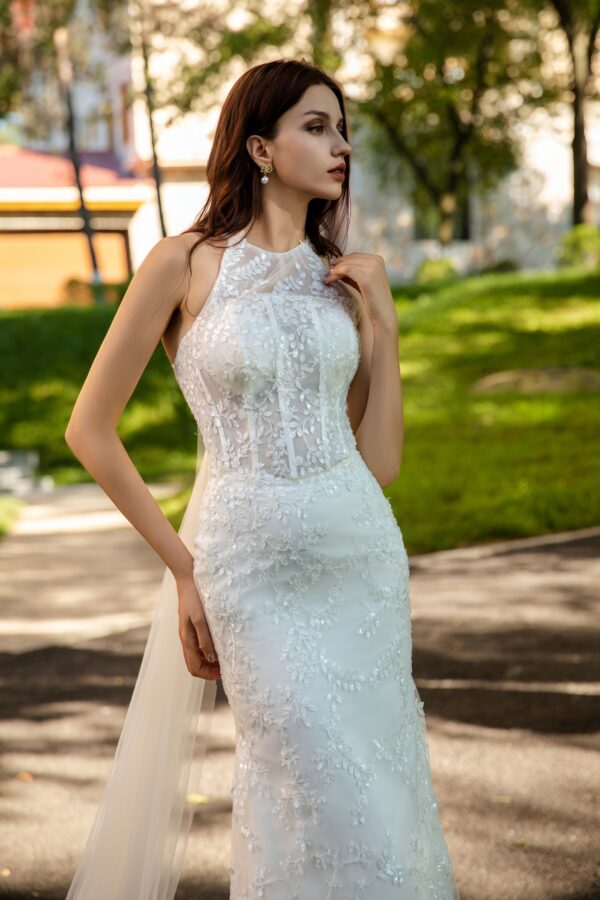 3D Lace Wedding Gown with Detachable Halter Bow Train