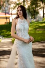 3D Lace Wedding Gown with Detachable Halter Bow Train