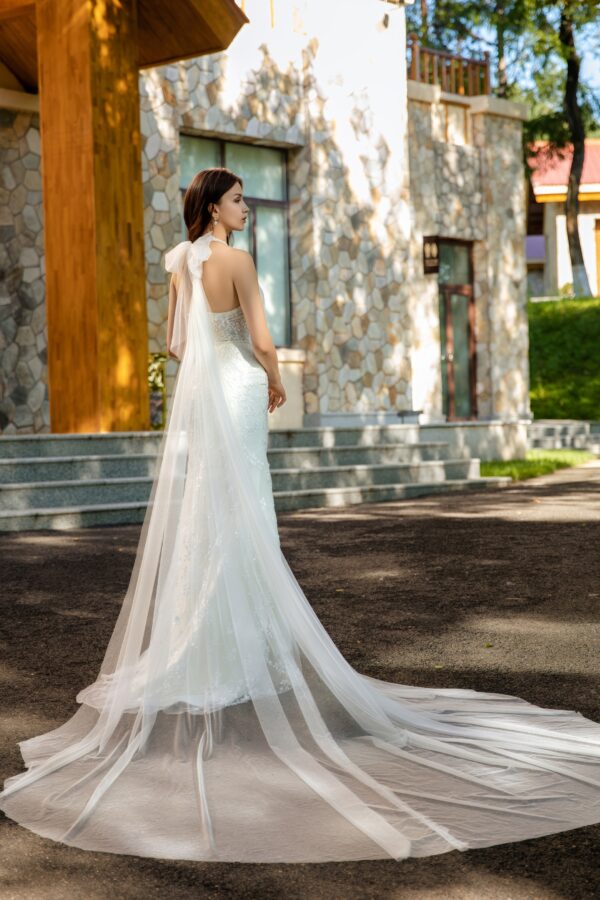 3D Lace Wedding Gown with Detachable Halter Bow Train