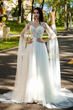 Lightweight Bridal Gown with Lace and Sheer Cape Sleeves