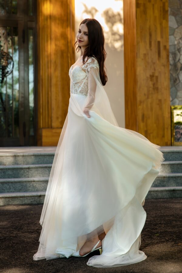 Lightweight Bridal Gown with Lace and Sheer Cape Sleeves