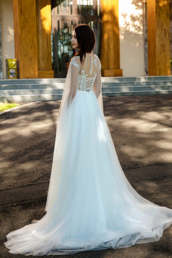 Lightweight Bridal Gown with Lace and Sheer Cape Sleeves