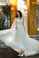 Lightweight Bridal Gown with Lace and Sheer Cape Sleeves