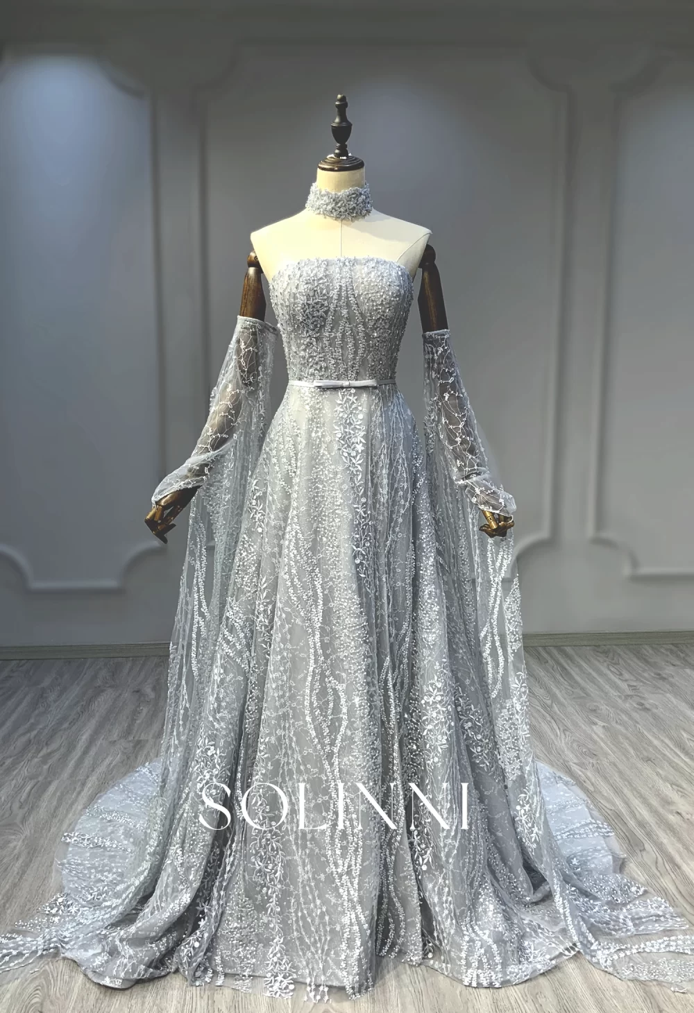 Beaded Gown with Detachable Collar and Sleeves