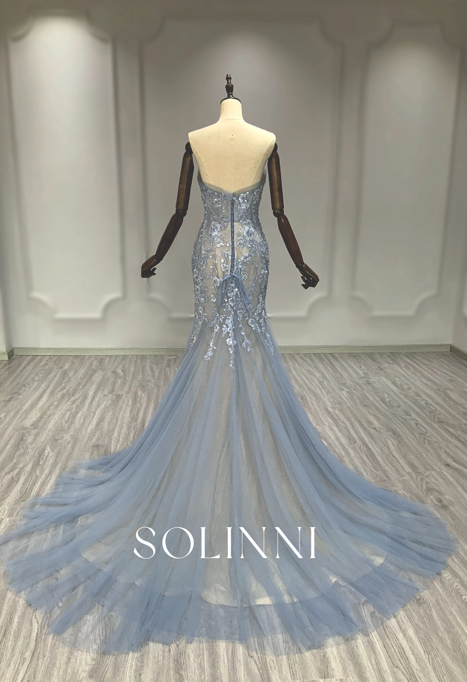 Blue Strapless Mermaid Gown with Floral Lace