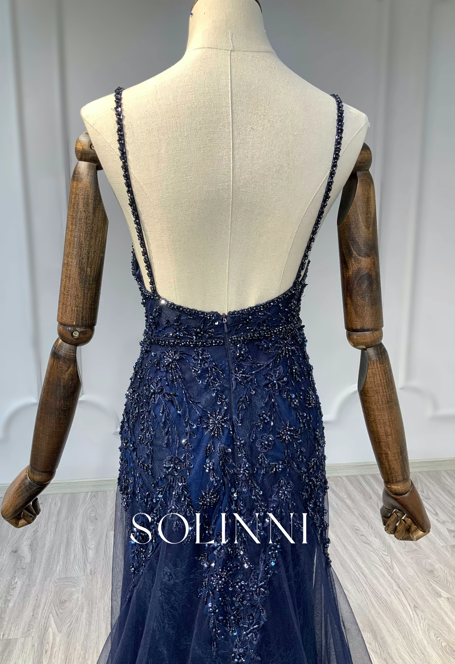 Midnight Beaded Evening Gown with Flowing Tulle Train - Solinni Midnight Beaded Evening Gown with Flowing Tulle Train