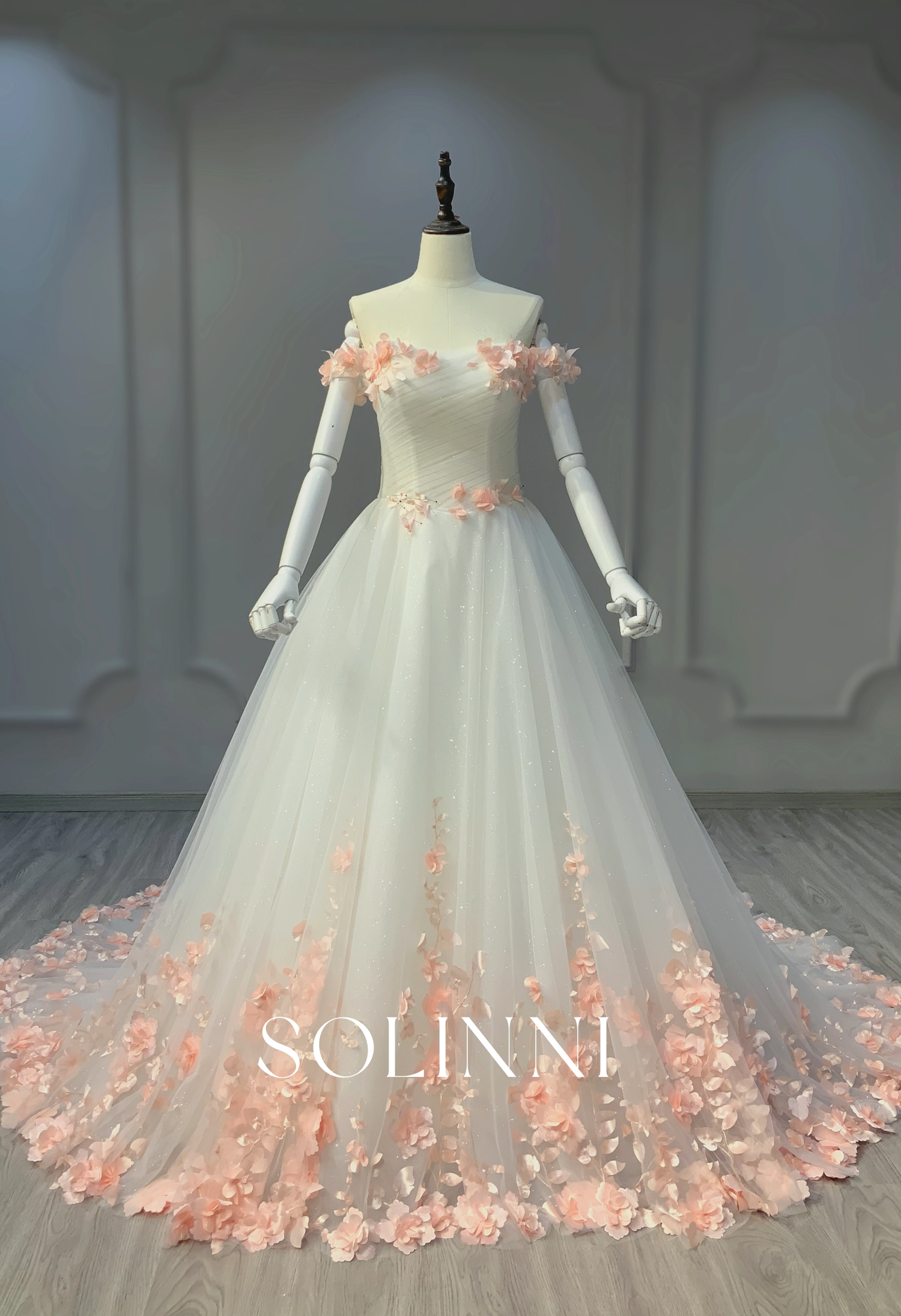 A-line Wedding dress with 3D organza floral Lace - Solinni A-line Wedding dress with 3D organza floral Lace