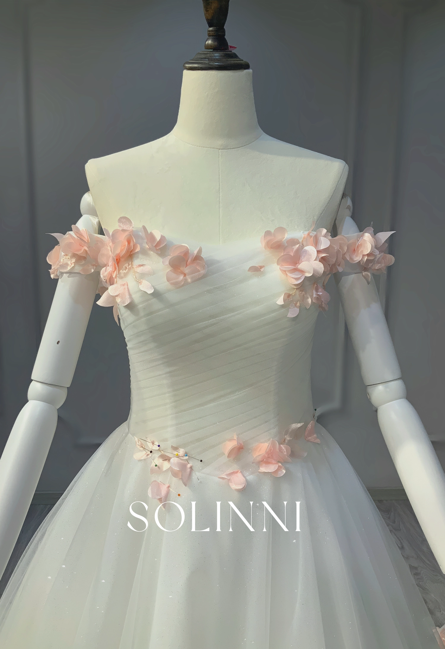 A-line Wedding dress with 3D organza floral Lace - Solinni A-line Wedding dress with 3D organza floral Lace
