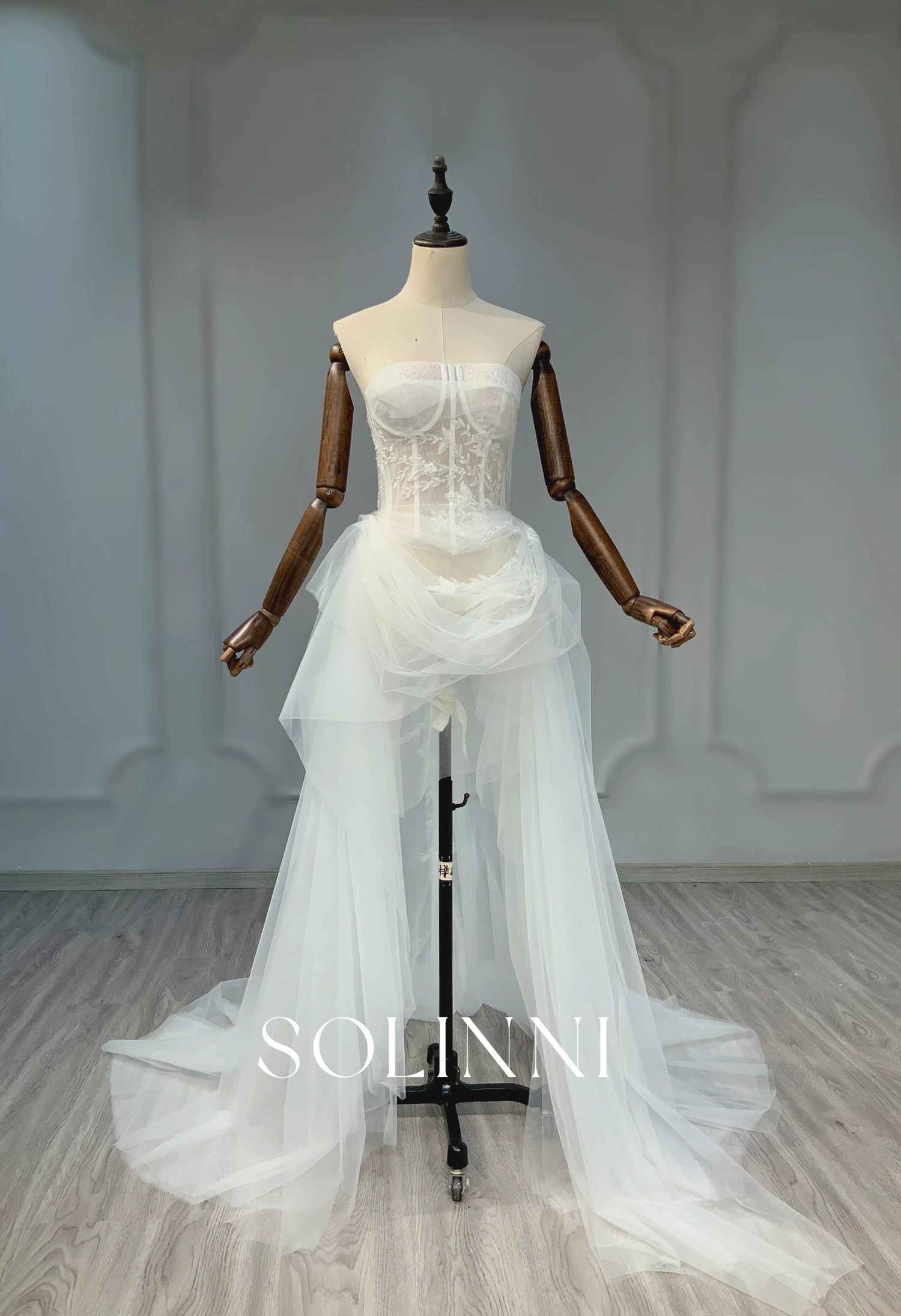 Mini Skirt with Corset Bodice and Tulle Train - Solinni Mini Skirt with Corset Bodice and Tulle Train