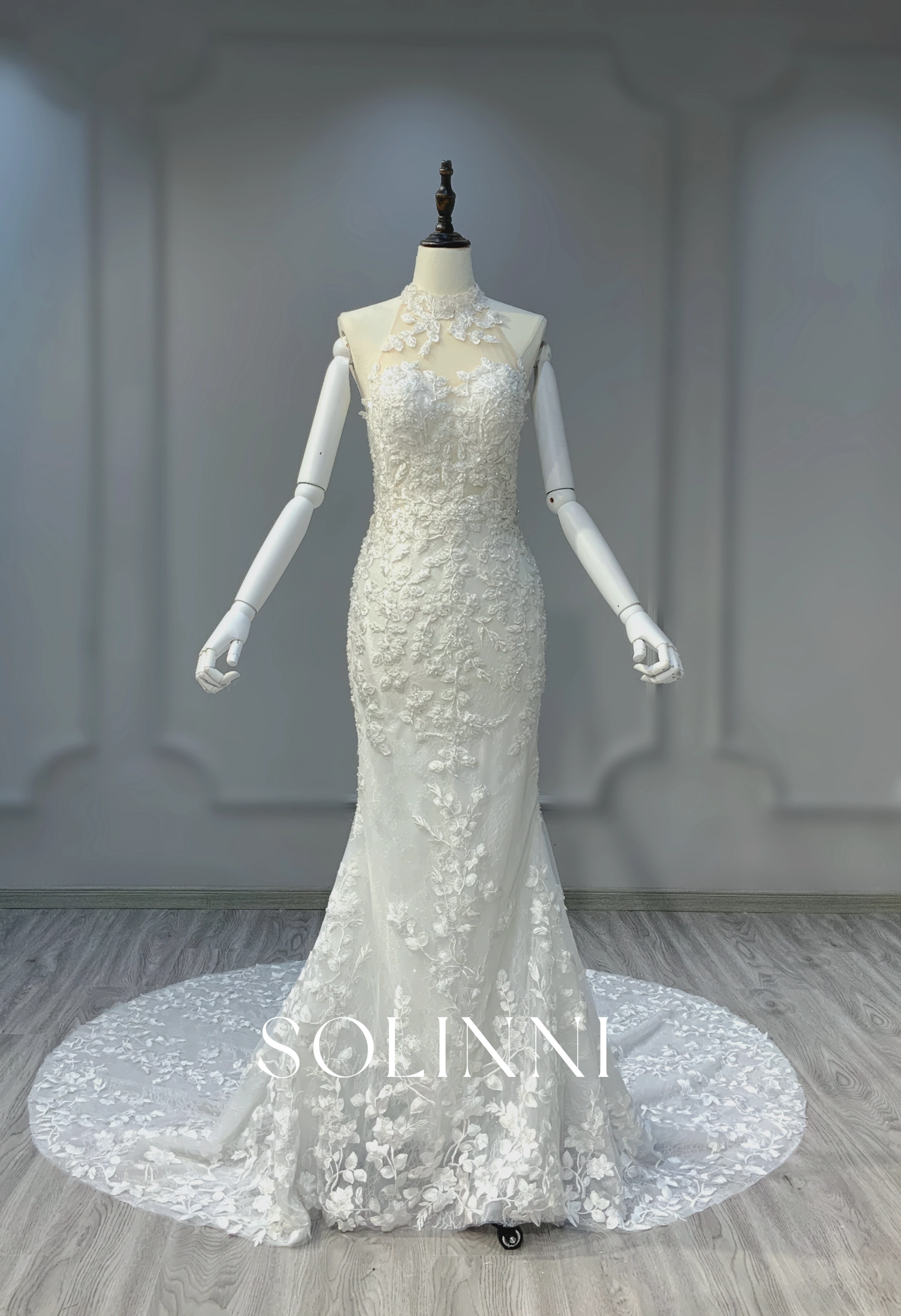 Halter Neck Slim Wedding Dress with Gorgeous Train - Solinni Halter Neck Slim Wedding Dress with Gorgeous Train