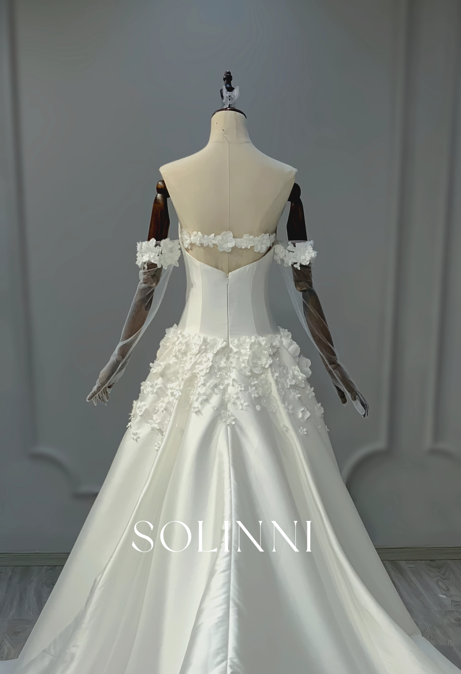 Modern Satin Ball Gown with 3D Floral Appliqué