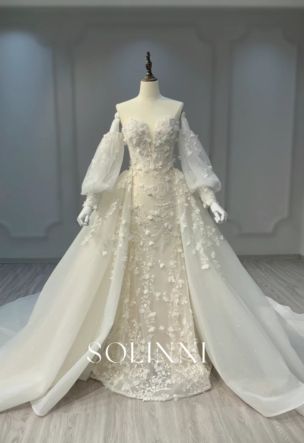 Lace Gown with Detachable Sleeves and Overskirt