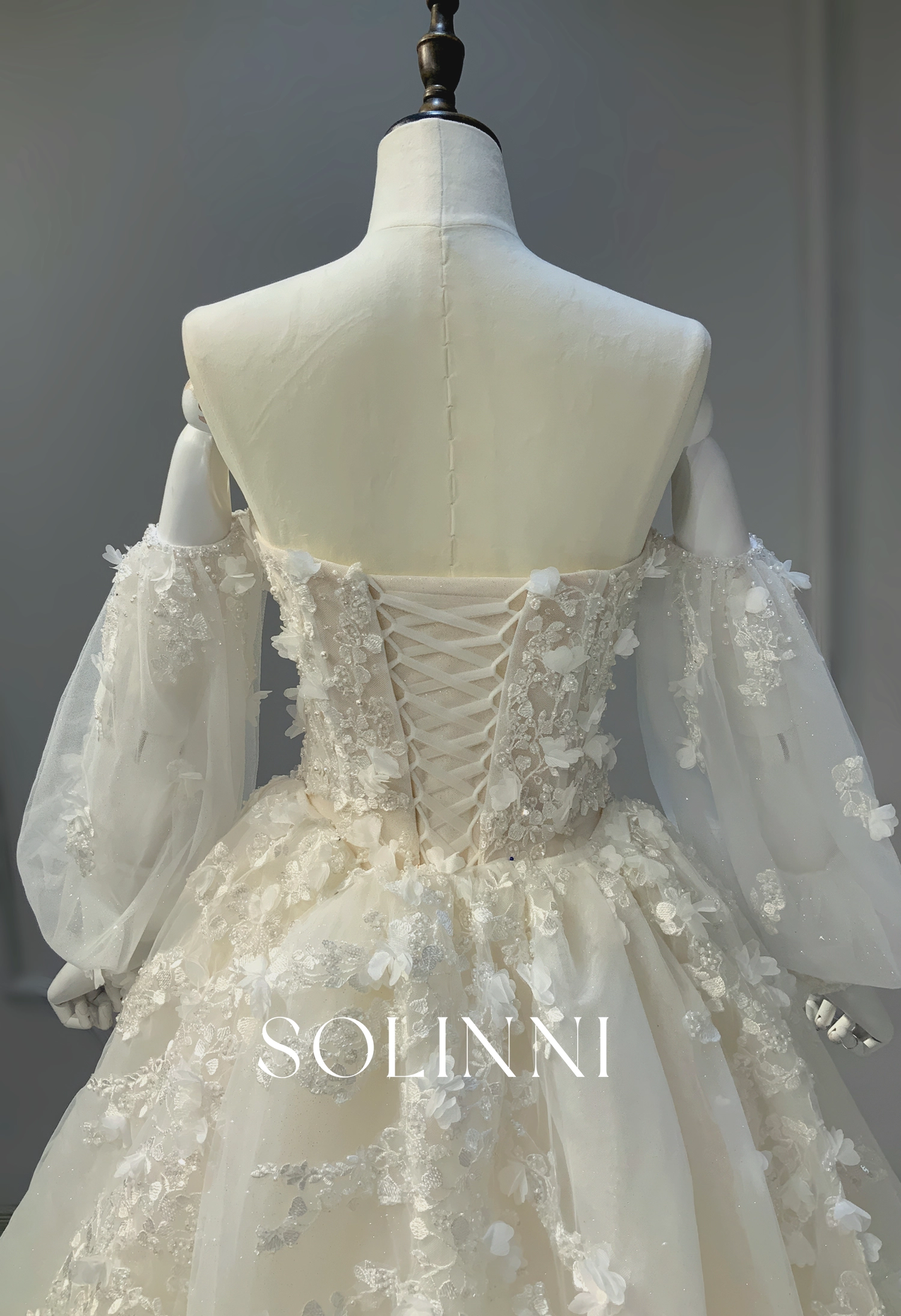 Lace Gown with Detachable Sleeves and Overskirt - Solinni Lace Gown with Detachable Sleeves and Overskirt