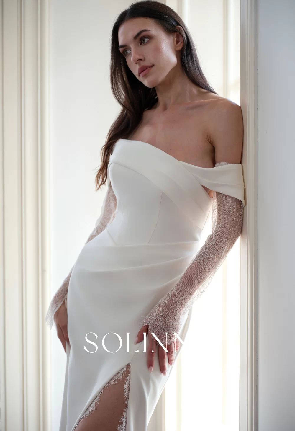 Elin – Crepe Wedding Dress with Off-Shoulder Lace and Slit