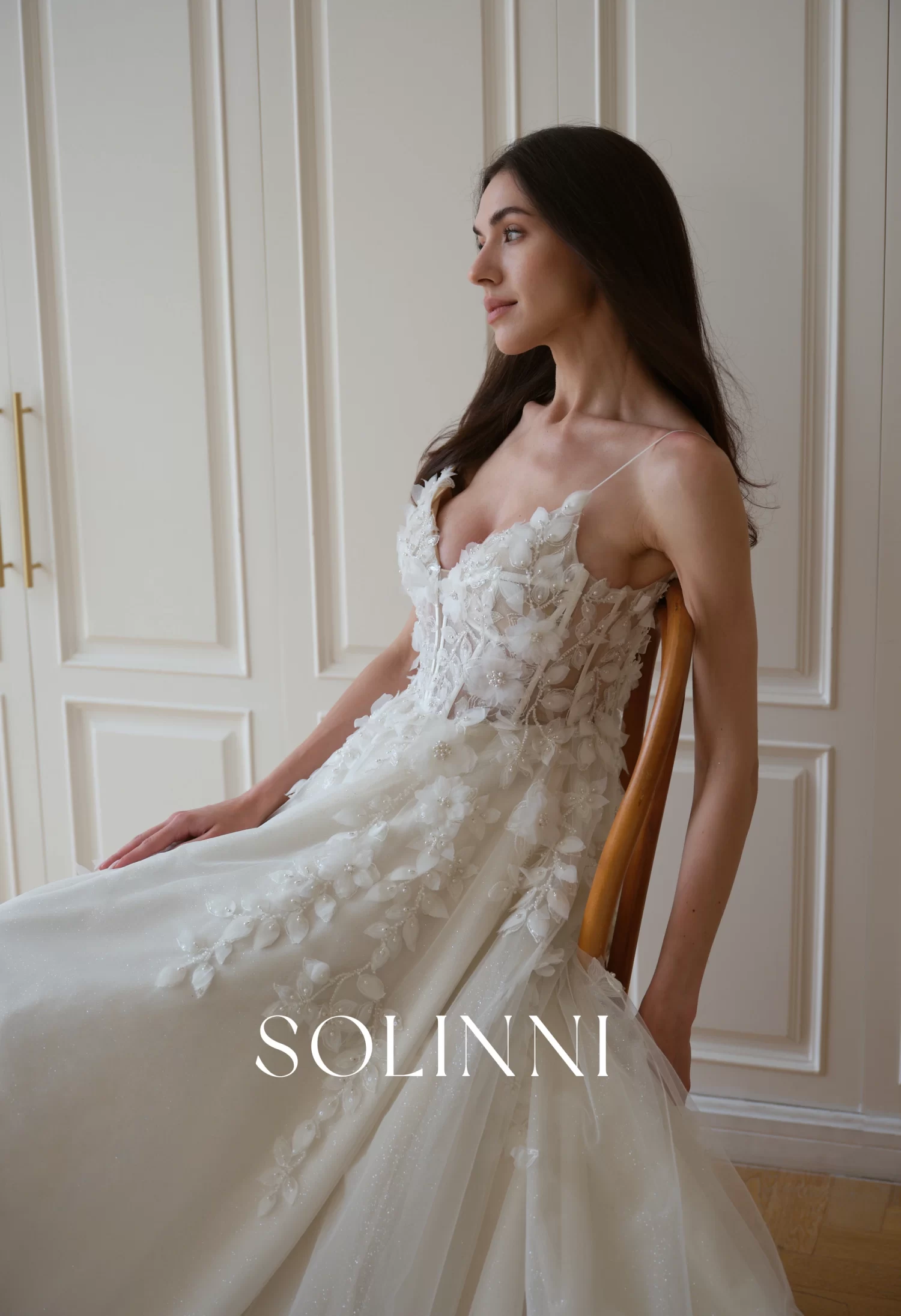 Elvis – Sparkle Wedding Dress with 3D Floral Appliqués - Solinni Elvis – Sparkle Wedding Dress with 3D Floral Appliqués