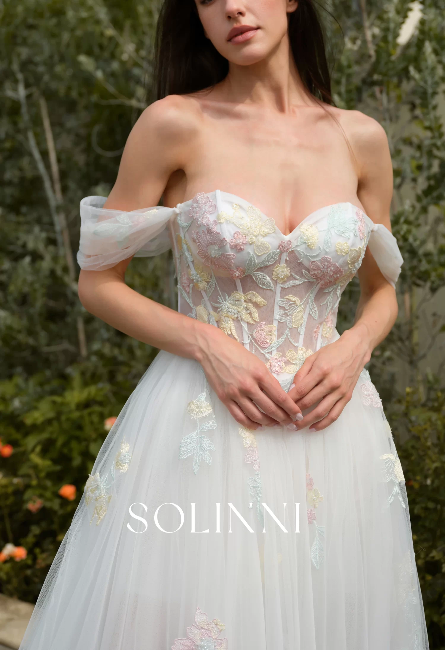 Leora – Colorful Wedding Dress with Detachable Sleeves - Solinni Leora – Colorful Wedding Dress with Detachable Sleeves
