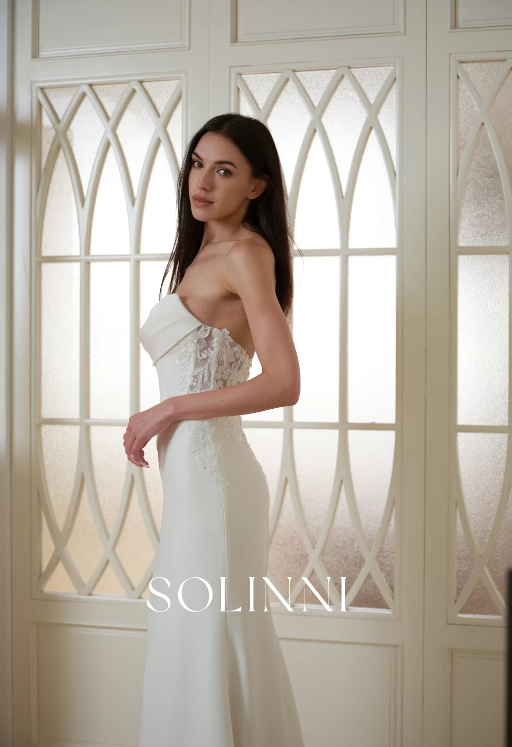 Lyra – Strapless Crepe Wedding Dress with Lace Waist Detail