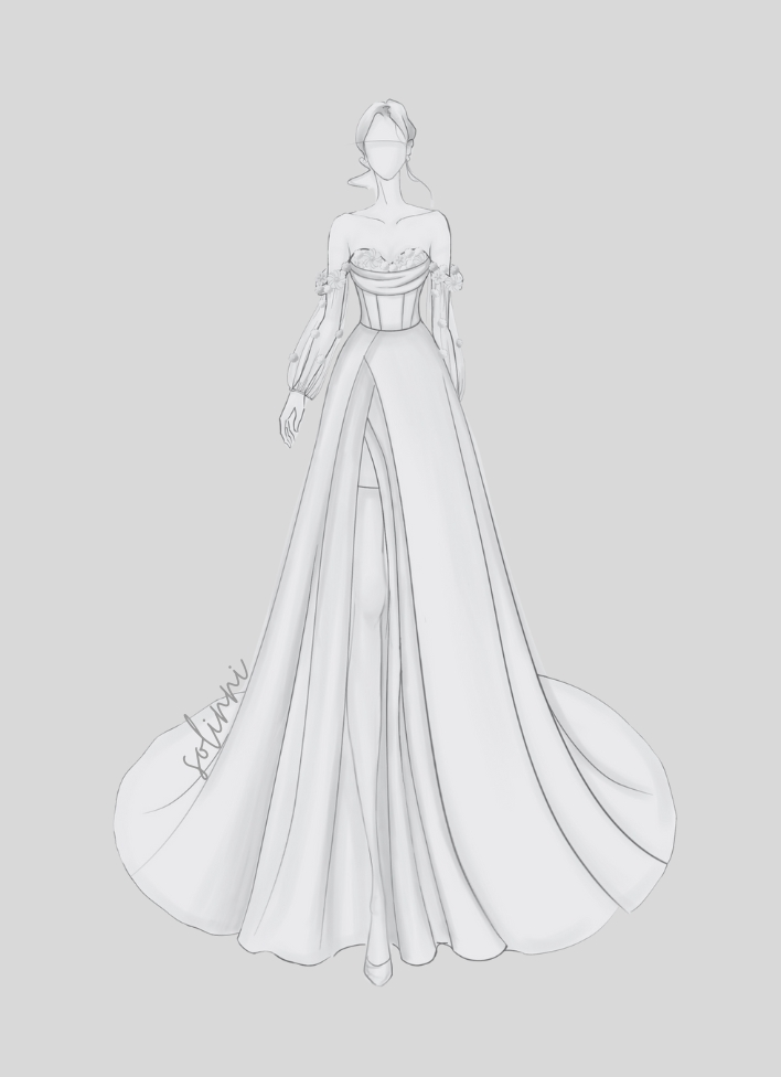 Hand-drawn sketch of a custom wedding dress design by Solinni