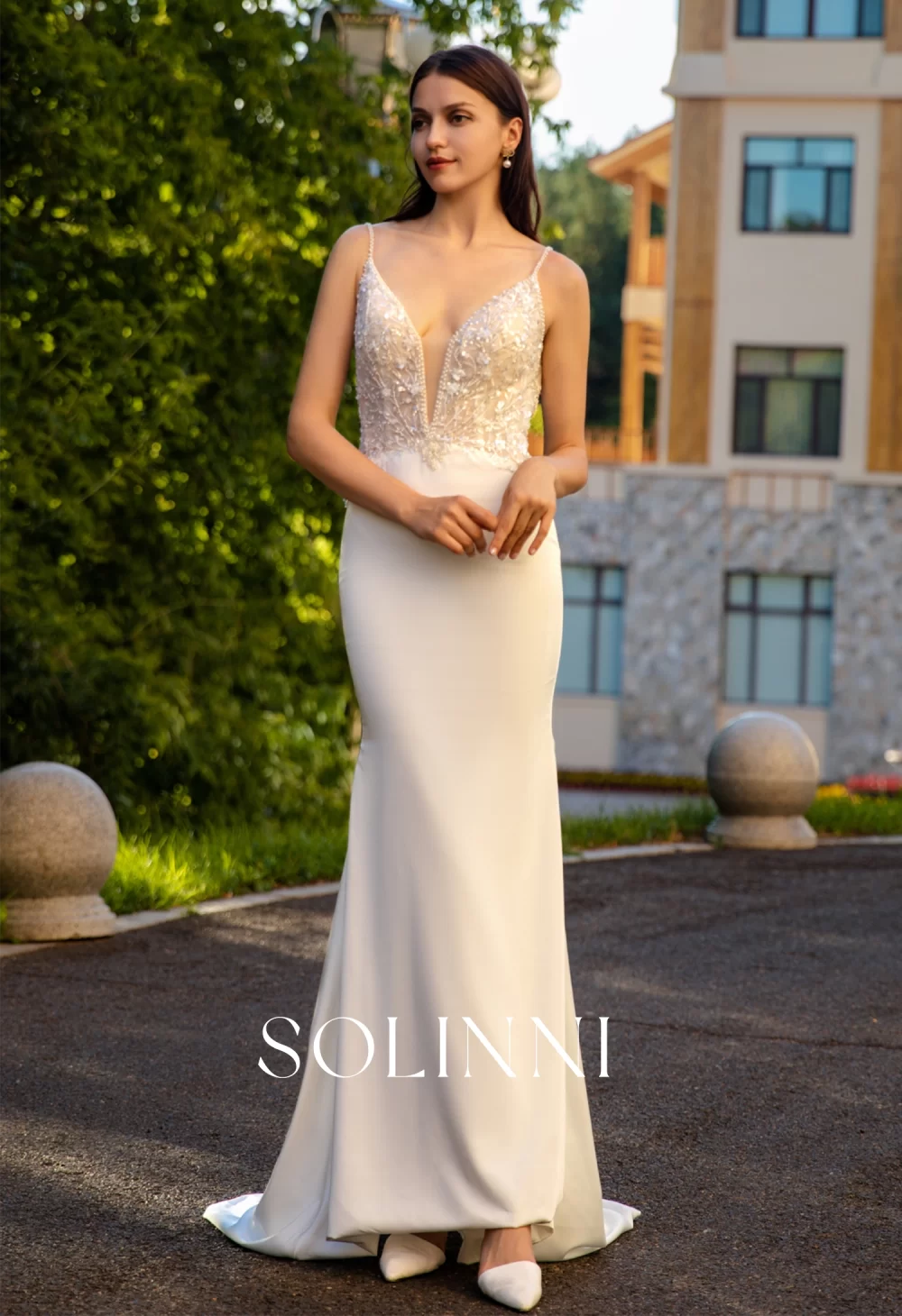 Italian Satin Wedding Dress with 3D Floral Lace and Deep V-Neckline