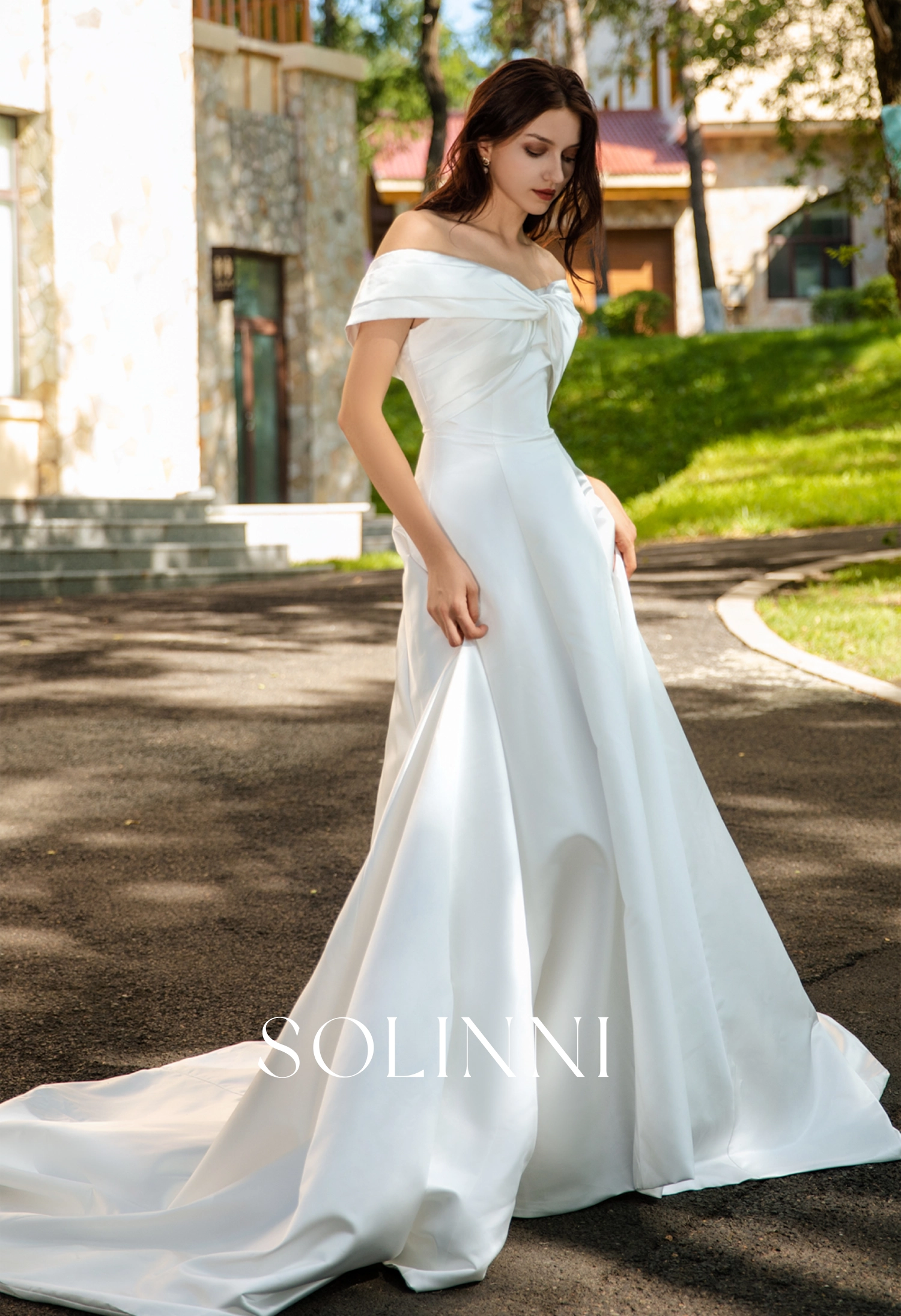 Waist-Enhancing Satin Bridal Gown with Bow Design - Solinni Waist-Enhancing Satin Bridal Gown with Bow Design