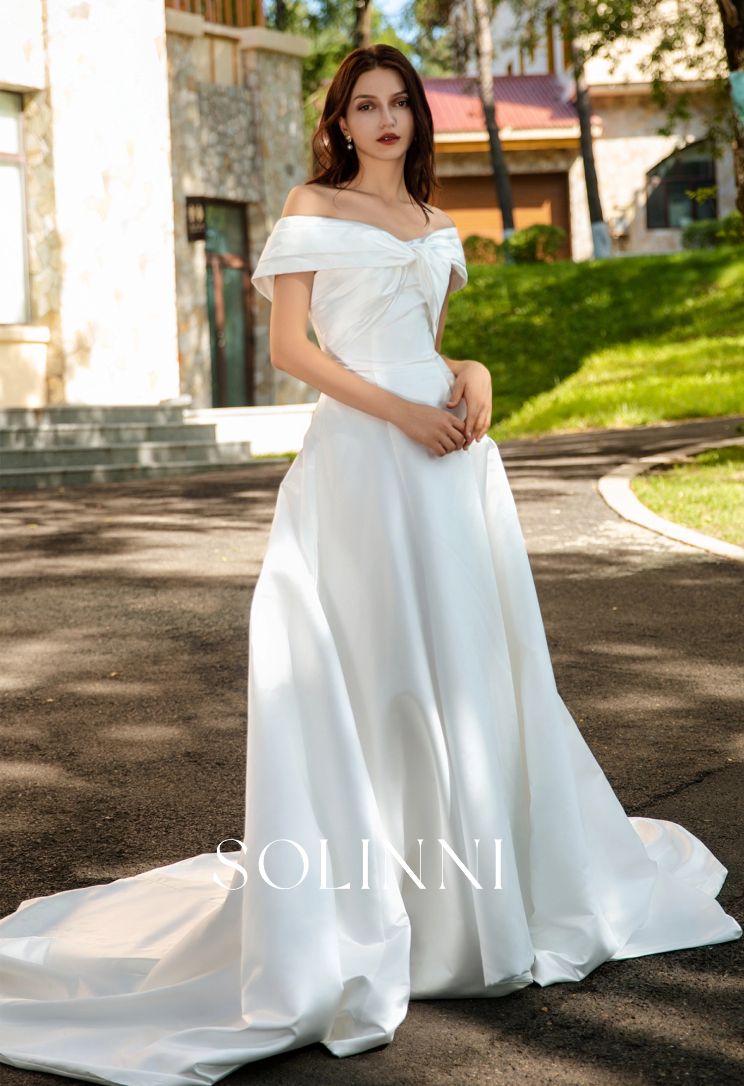 Waist-Enhancing Satin Bridal Gown with Bow Design - Solinni Waist-Enhancing Satin Bridal Gown with Bow Design