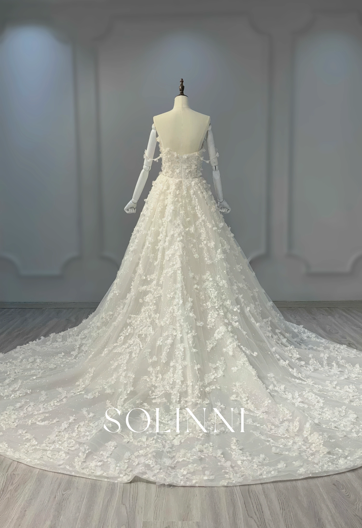 Floral Embellished Wedding Gown with Detachable Train