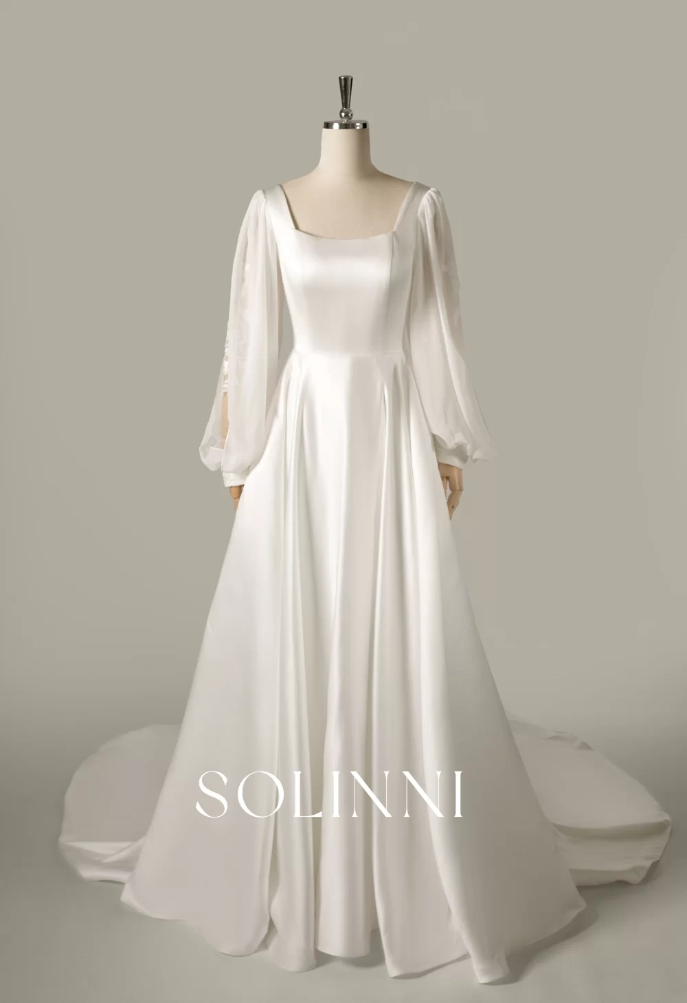 Maeve – Satin Ball Gown with Lace Appliqué Back and Bishop Sleeves