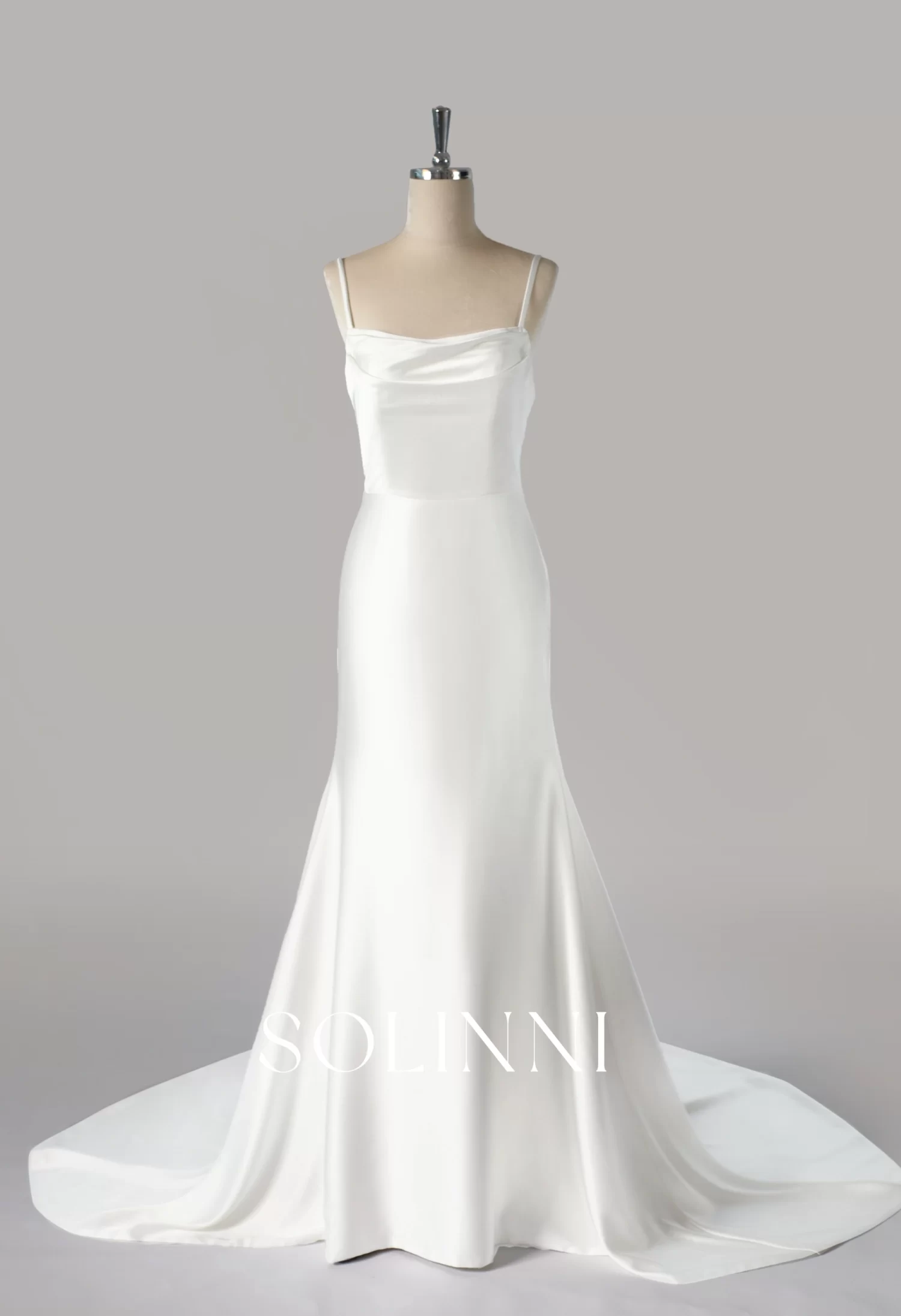 Home - Solinni Bianca – Chic Fit and Flare Satin Gown with Cowl Neck