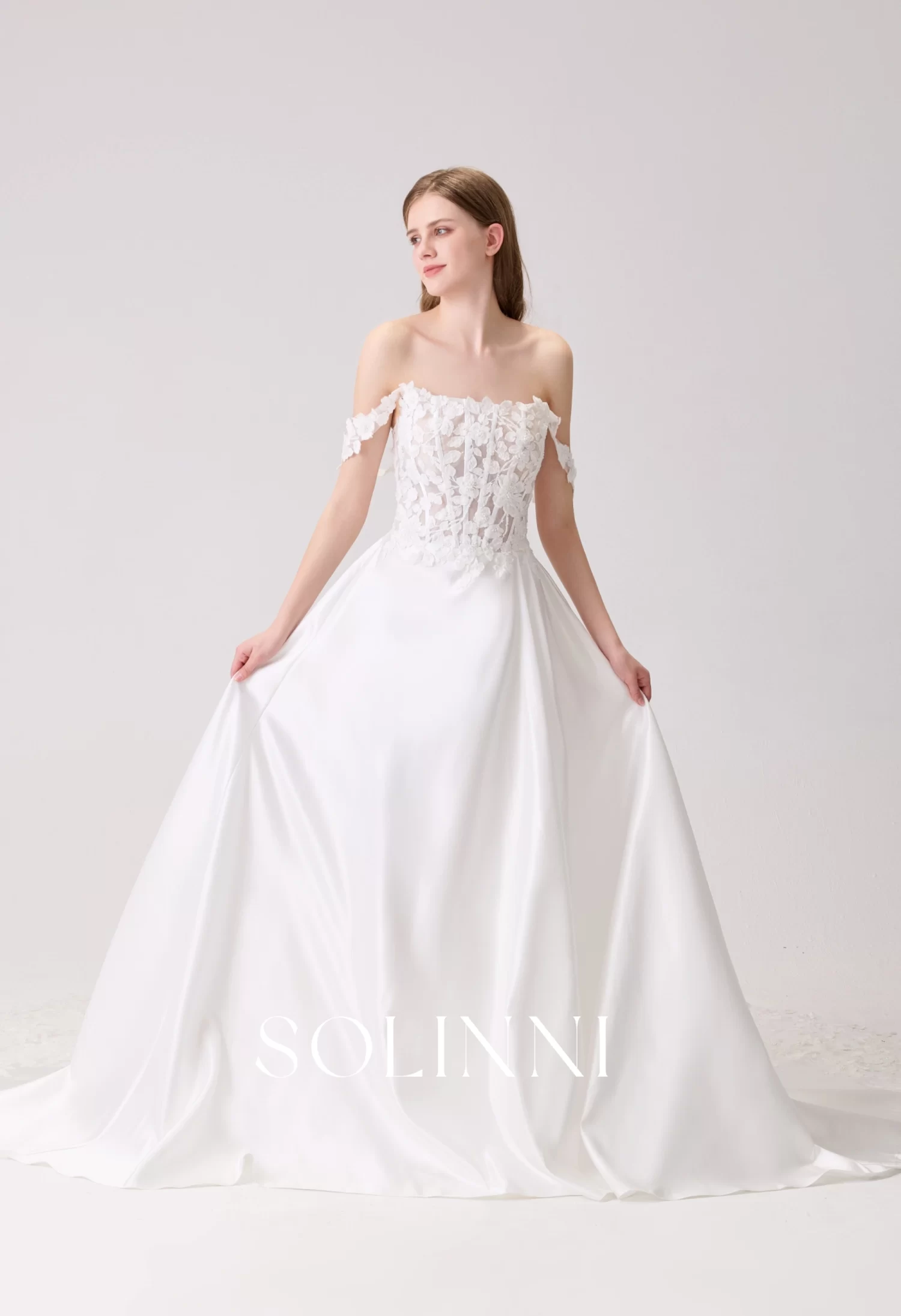 Dahlia – Luxurious Satin A-Line with Slit & Dramatic Lace Cathedral Train