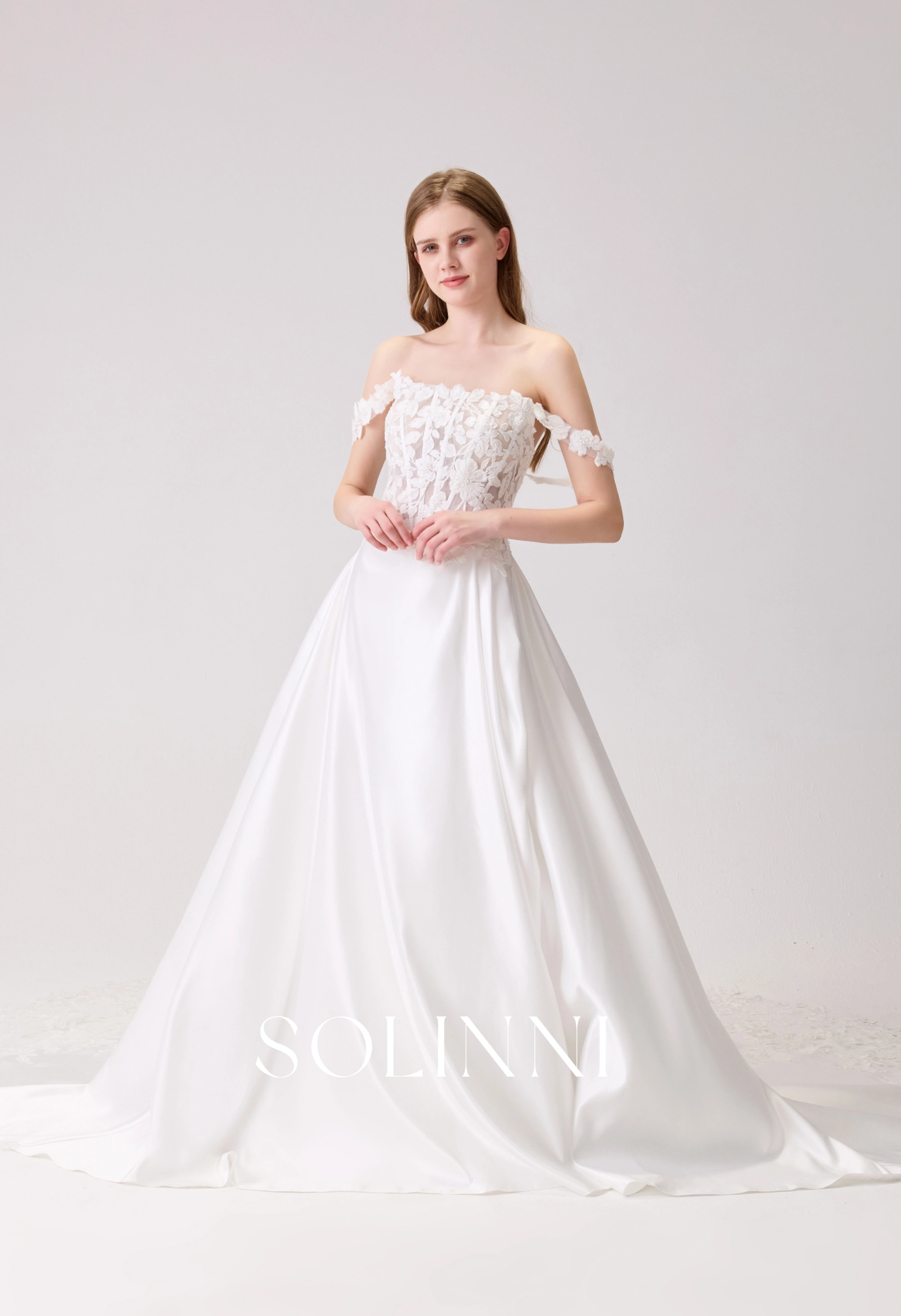 Dahlia | Satin Slit A-Line & Cut-Out Lace Train | Solinni Bridal Wholesale