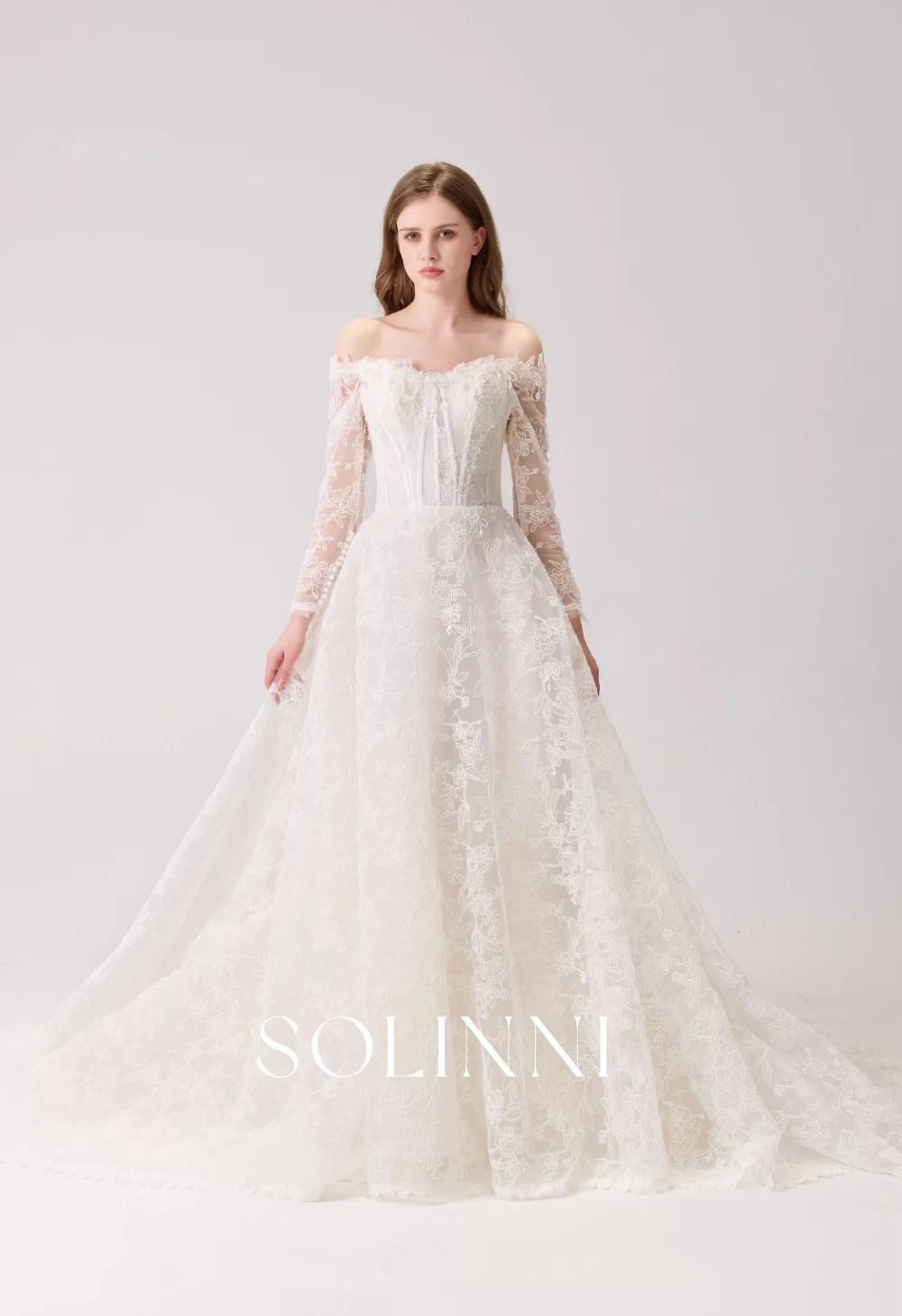 Elise – Off-Shoulder Corded Chantilly Lace A-Line Gown with Pearl Details