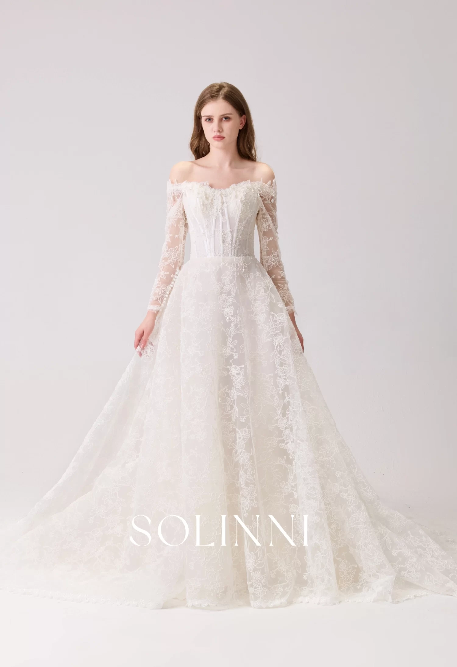 Elise – Off-Shoulder Corded Chantilly Lace A-Line Gown with Pearl Details