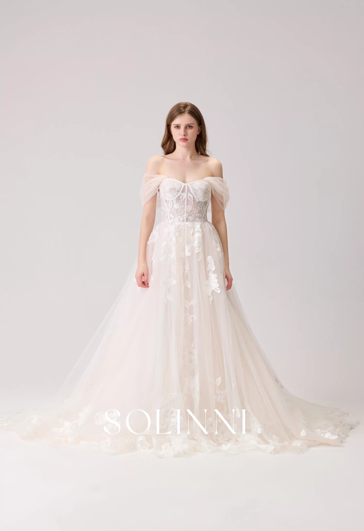 Romina – Detachable Off-Shoulder Sleeves Floral Lace A-Line Gown - Solinni Romina – Detachable Off-Shoulder Sleeves Floral Lace A-Line Gown