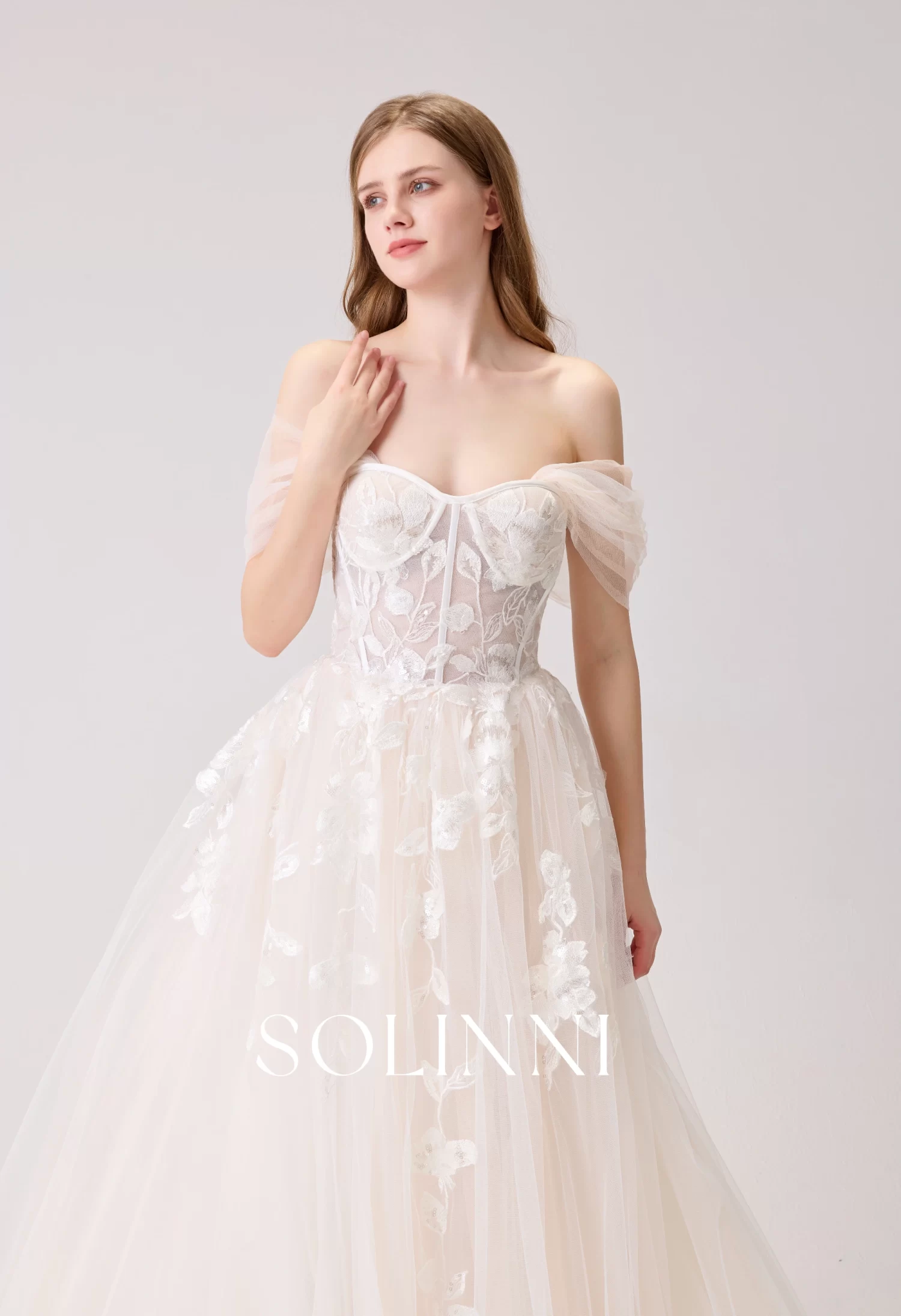 Romina – Detachable Off-Shoulder Sleeves Floral Lace A-Line Gown - Solinni Romina – Detachable Off-Shoulder Sleeves Floral Lace A-Line Gown