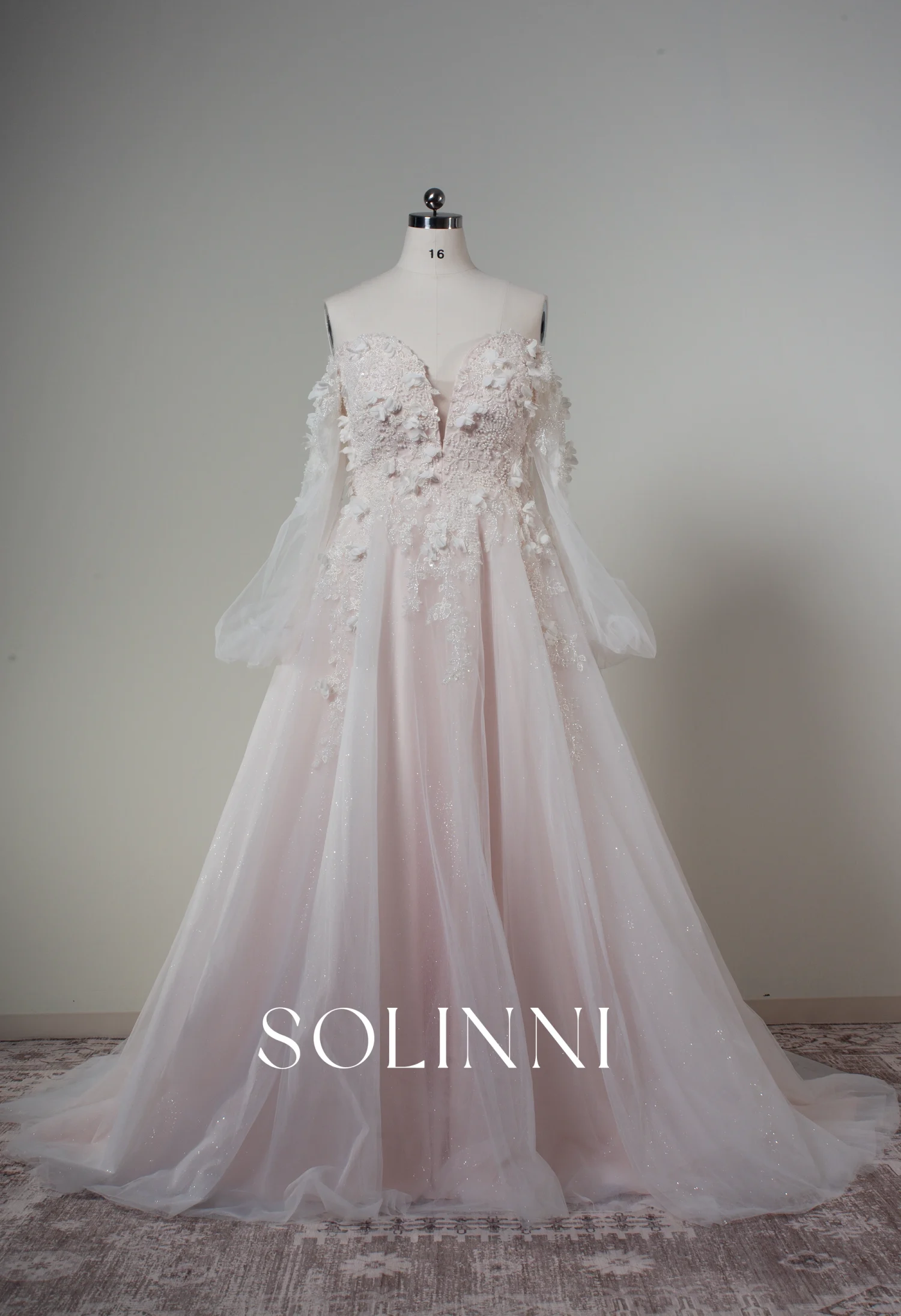 Calista – 3D Floral Beaded Lace Gown with Detachable Puff Sleeves