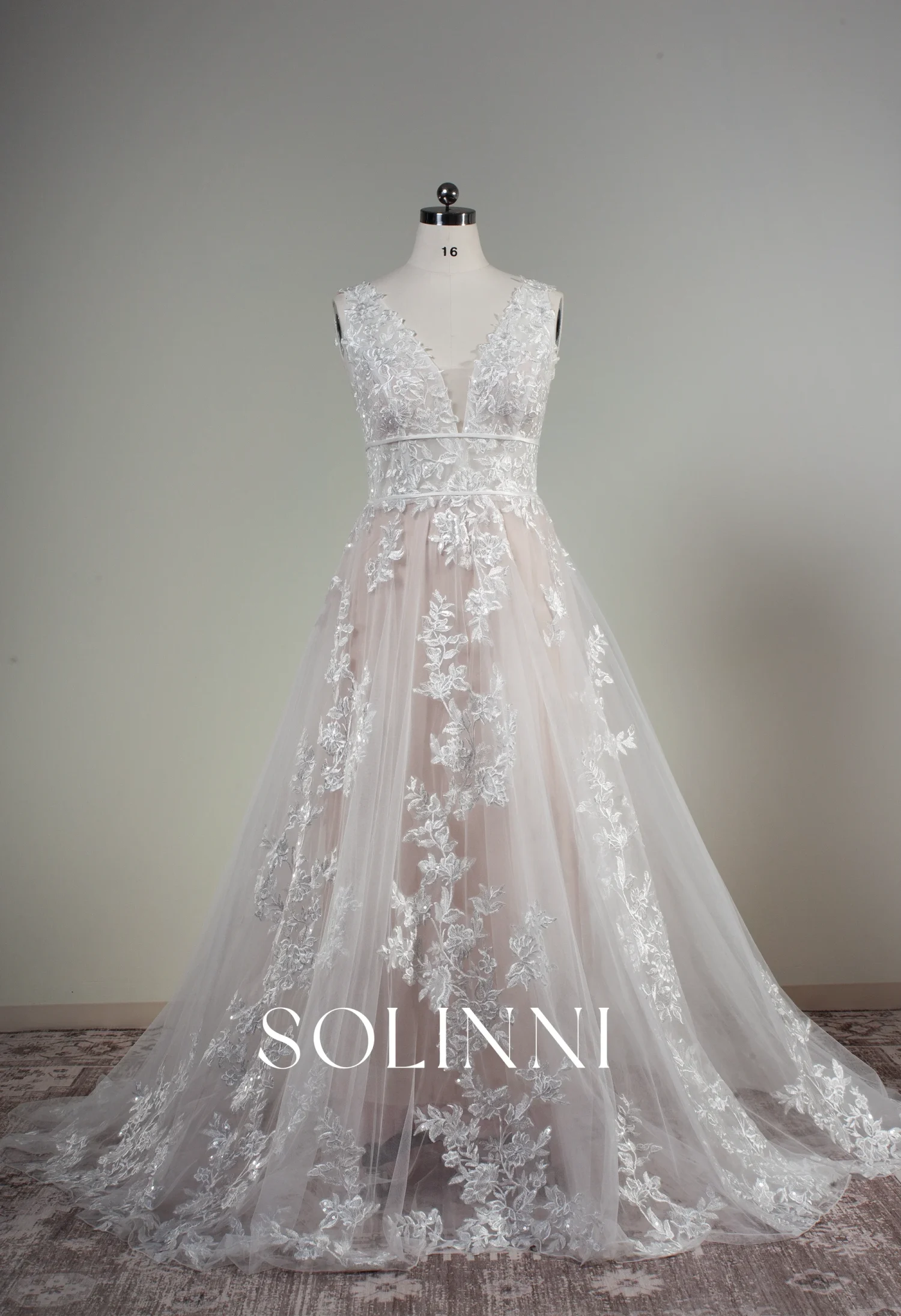 Solis – Deep V-Neck Floral Sequin Lace A-Line Gown with Blush Undertone