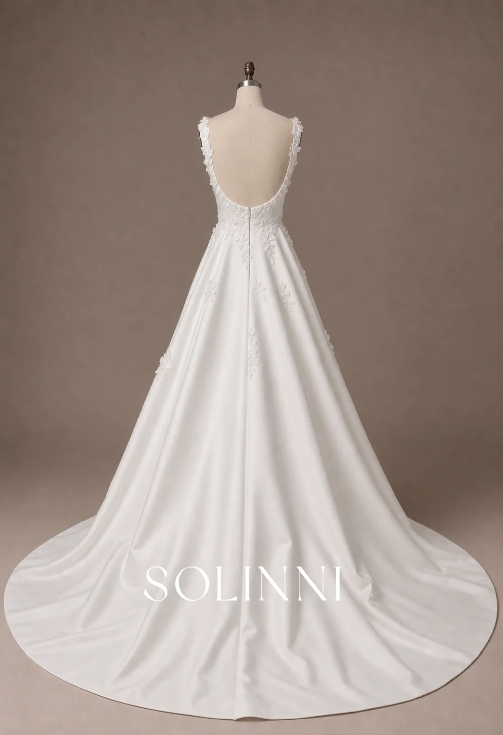 Solinni Style 3054 Marielle square neck floral applique satin A-line wedding dress with low back-1