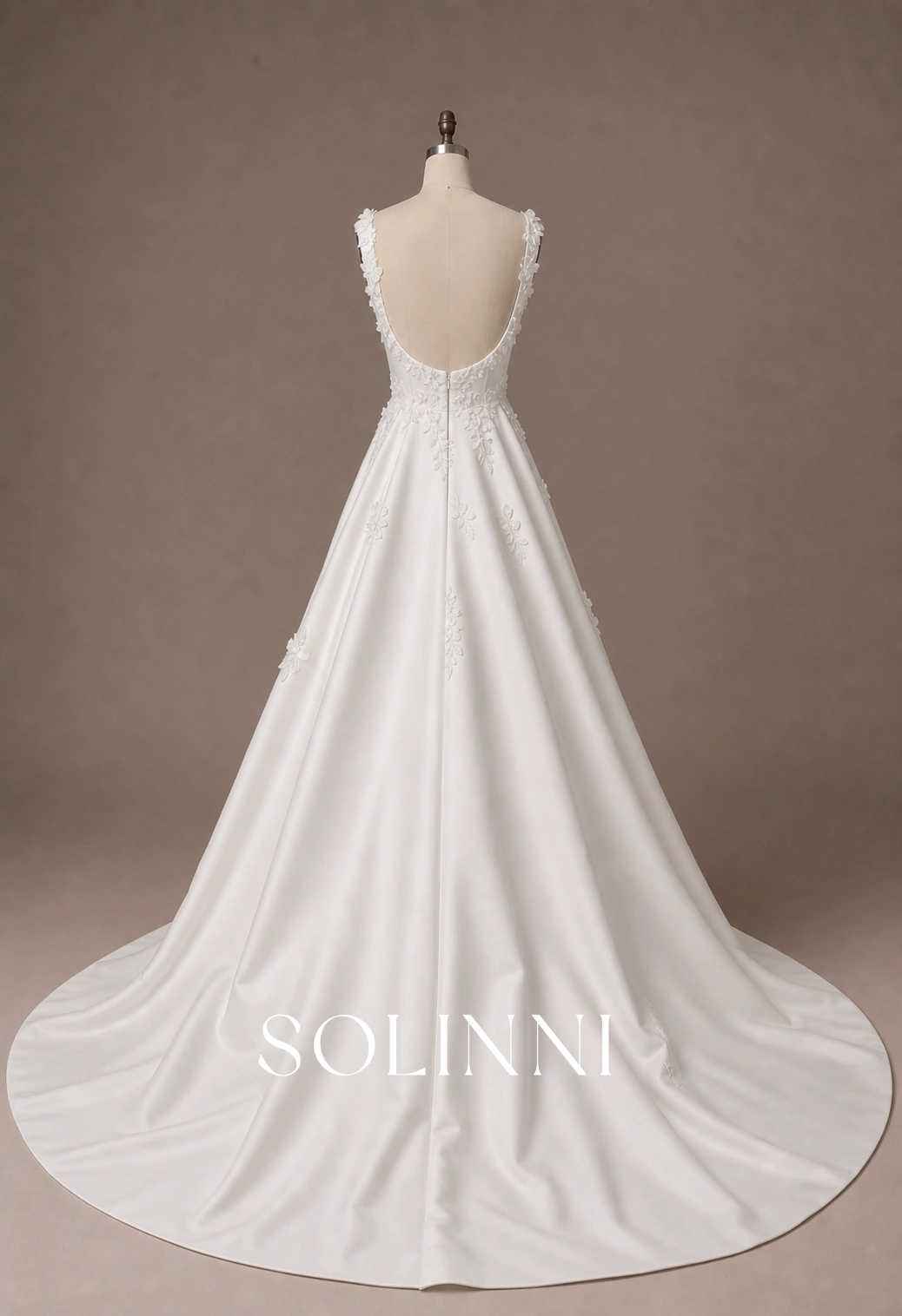 Home - Solinni Solinni Style 3054 Marielle square neck floral applique satin A-line wedding dress with low back-1