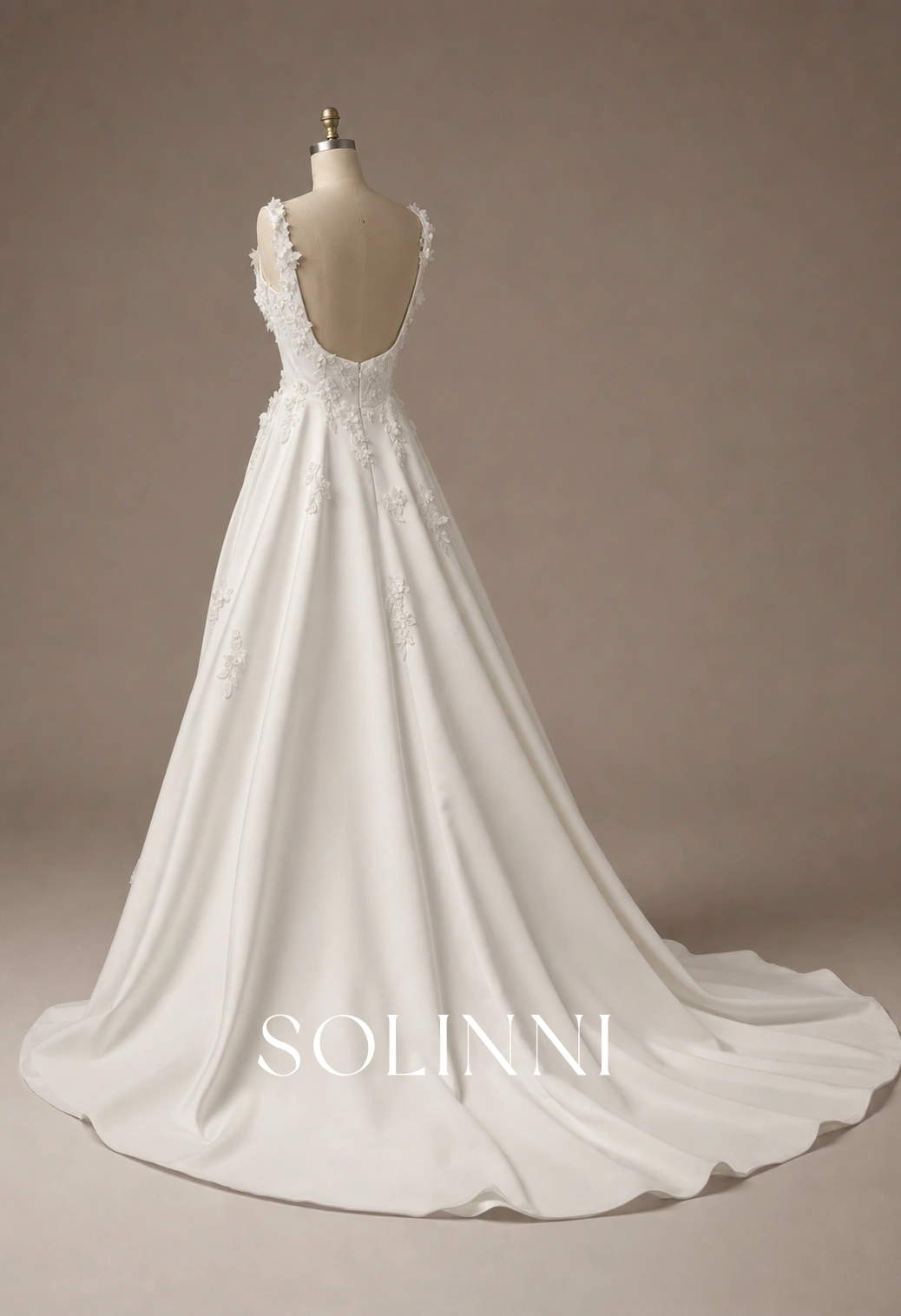 Marielle - Square Neck Floral Applique Matte Satin A-Line Bridal Gown - Solinni Marielle - Square Neck Floral Applique Matte Satin A-Line Bridal Gown