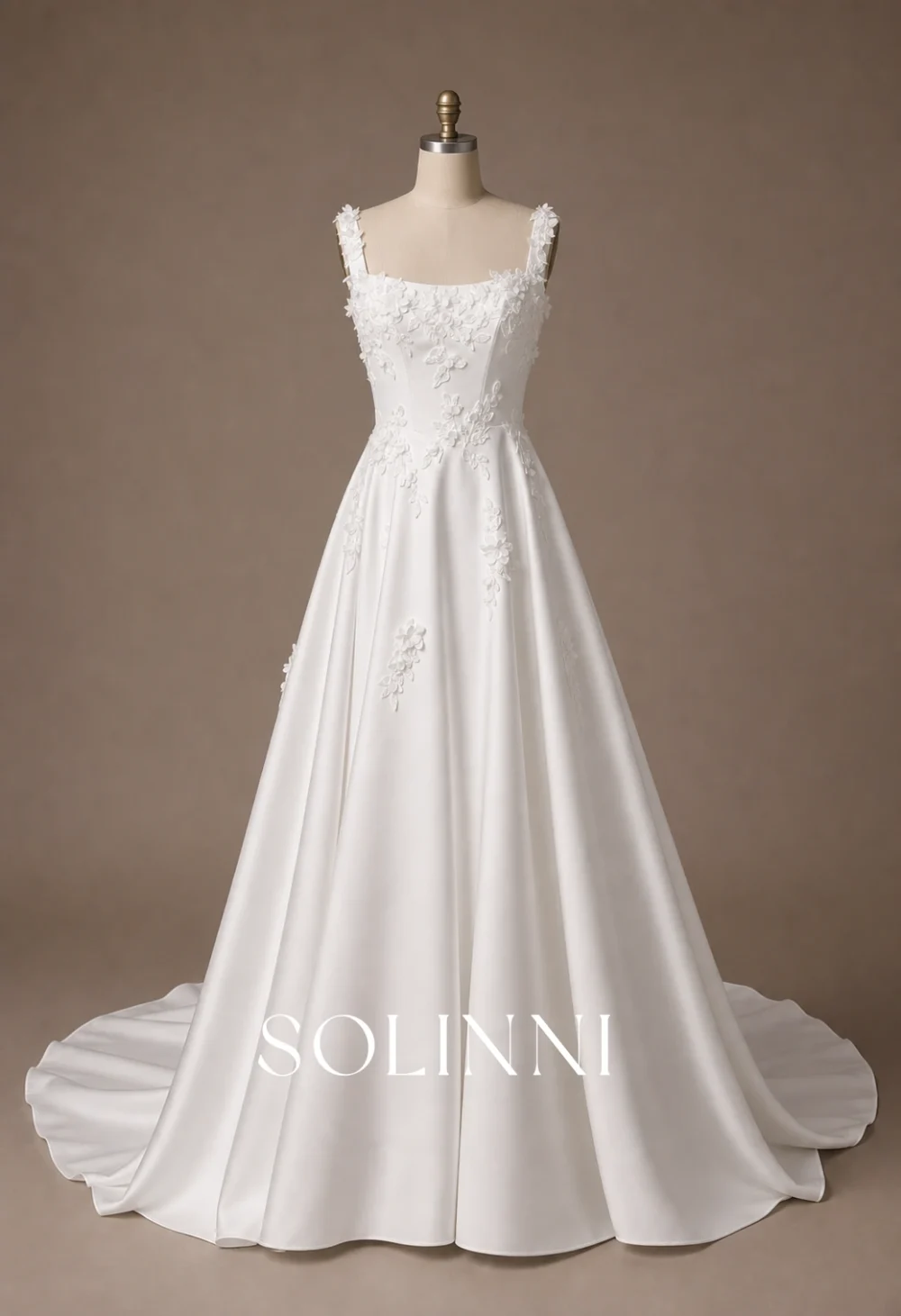 Marielle - Square Neck Floral Applique Matte Satin A-Line Bridal Gown