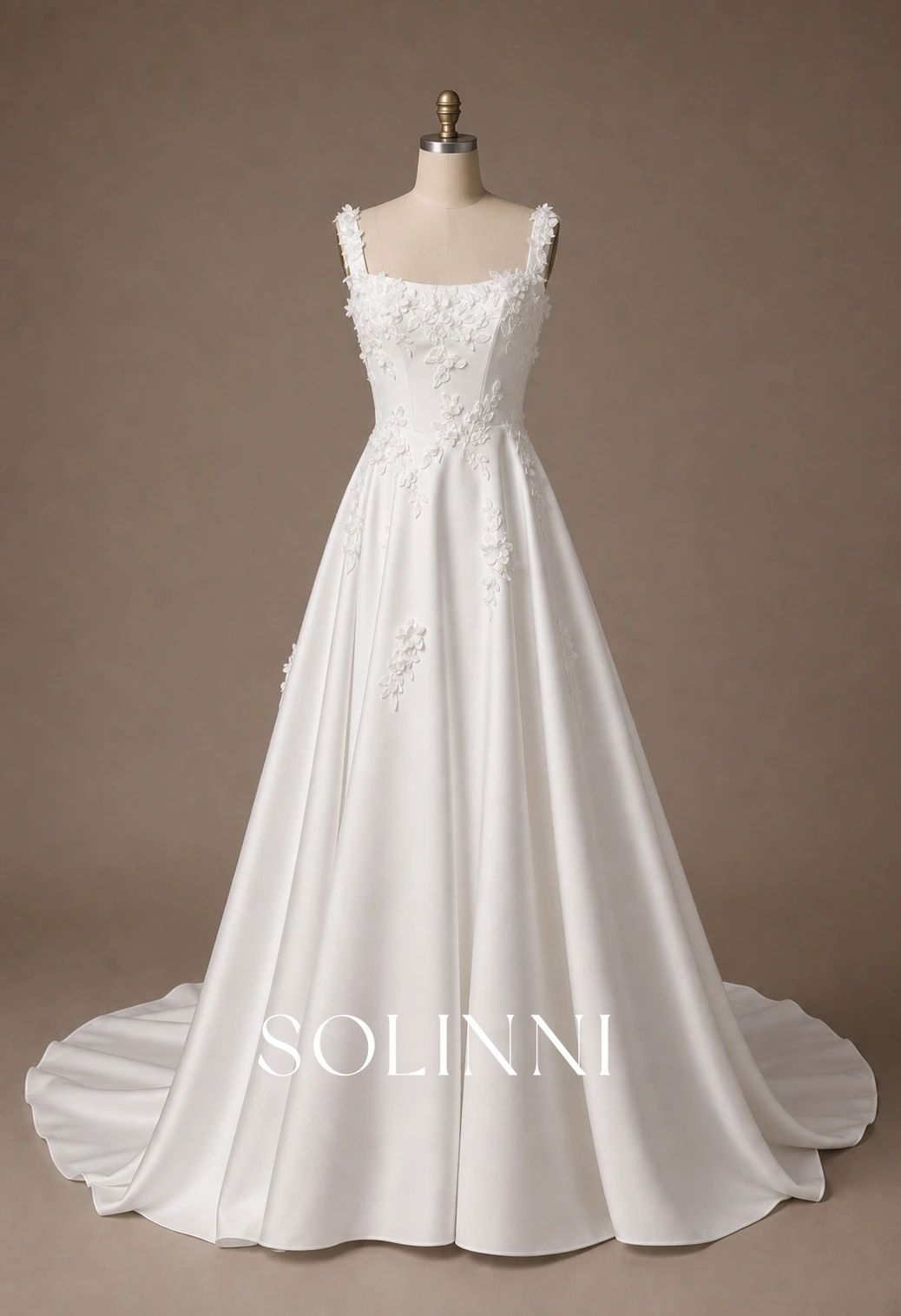 Home - Solinni Marielle - Square Neck Floral Applique Matte Satin A-Line Bridal Gown
