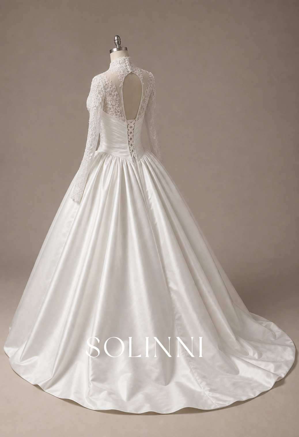 Isolde - Beaded Chantilly Lace Long Sleeve Satin Ball Gown Wedding Dress - Solinni Isolde - Beaded Chantilly Lace Long Sleeve Satin Ball Gown Wedding Dress